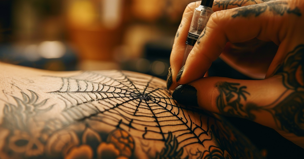 A spider net tattoo on boy arm.
